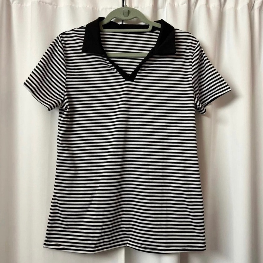 SHEIN Black & White Striped Collar Short Sleeve Polo T-Shirt Size Large